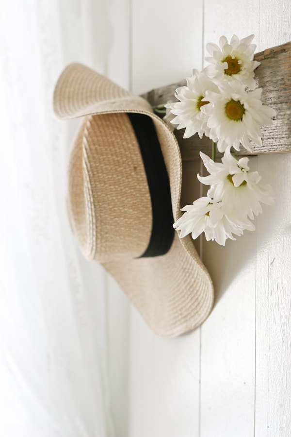 closeup of spring hat and flower decor