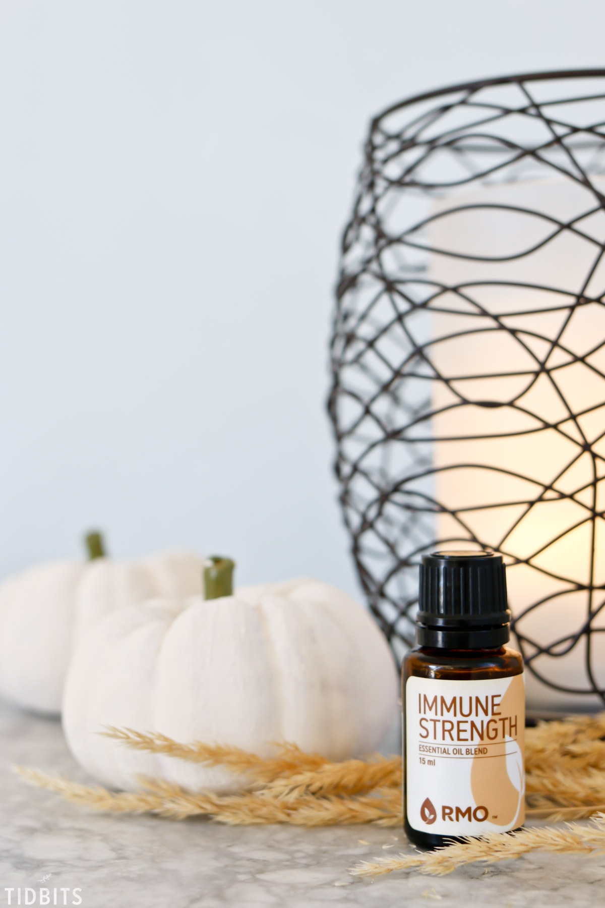 Pumpkin, essential oil and a diffuser sit together.  Make easy DIY fall essential oil diffuser blends for your home.