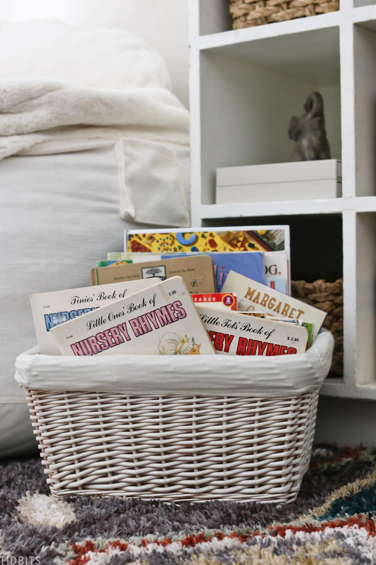 wicker basket filled with children's books