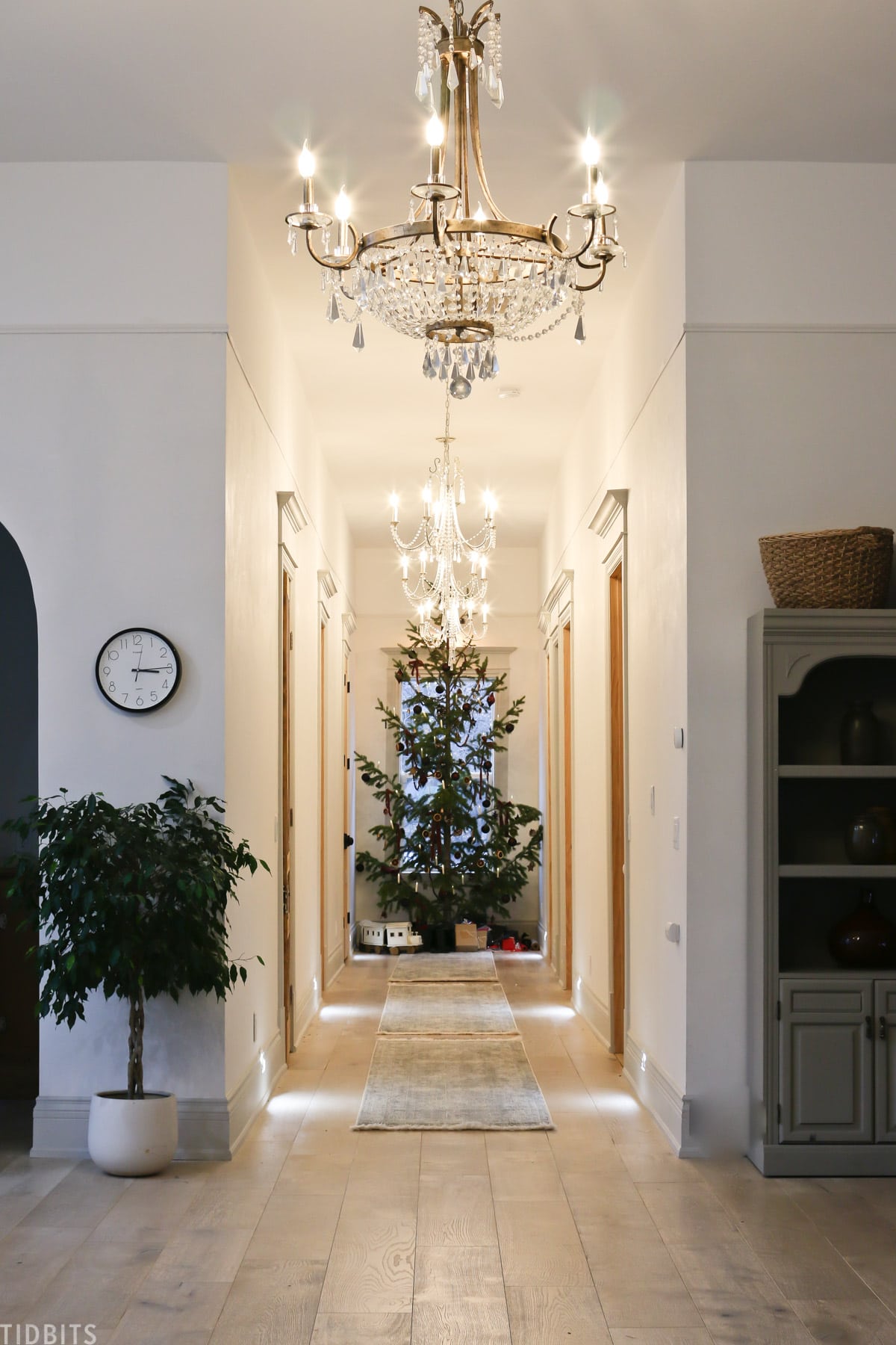 Old fashioned Christmas tree placed at the end of a hallway with two chandeliers hanging from the ceiling