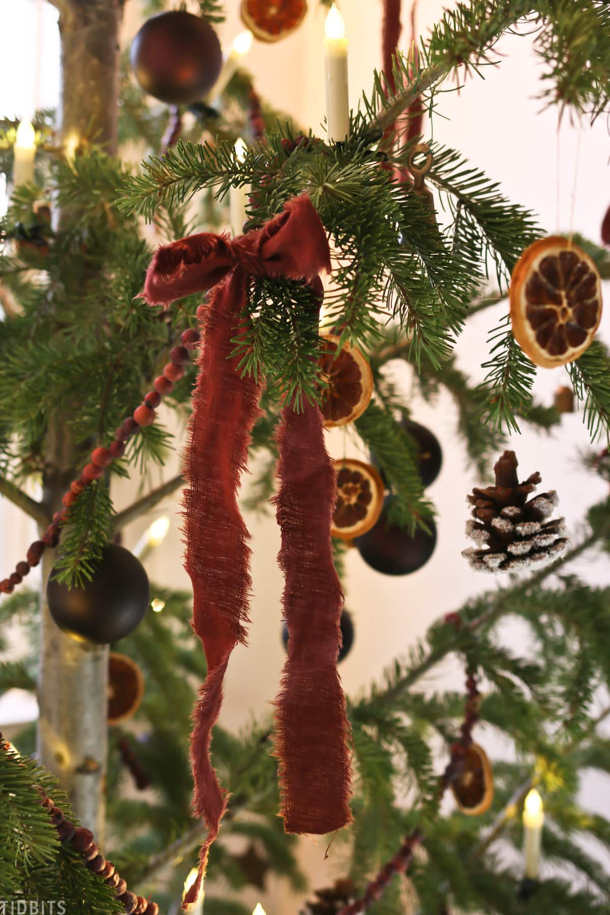Red ribbon tied on Christmas tree with dried oranges, cranberry garland, and pinecones