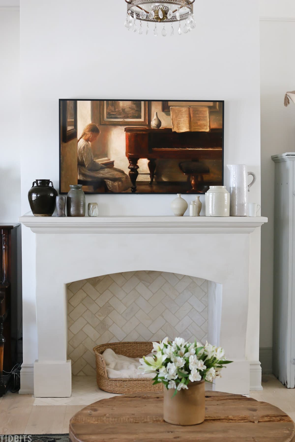 the frame TV art with fireplace surround
