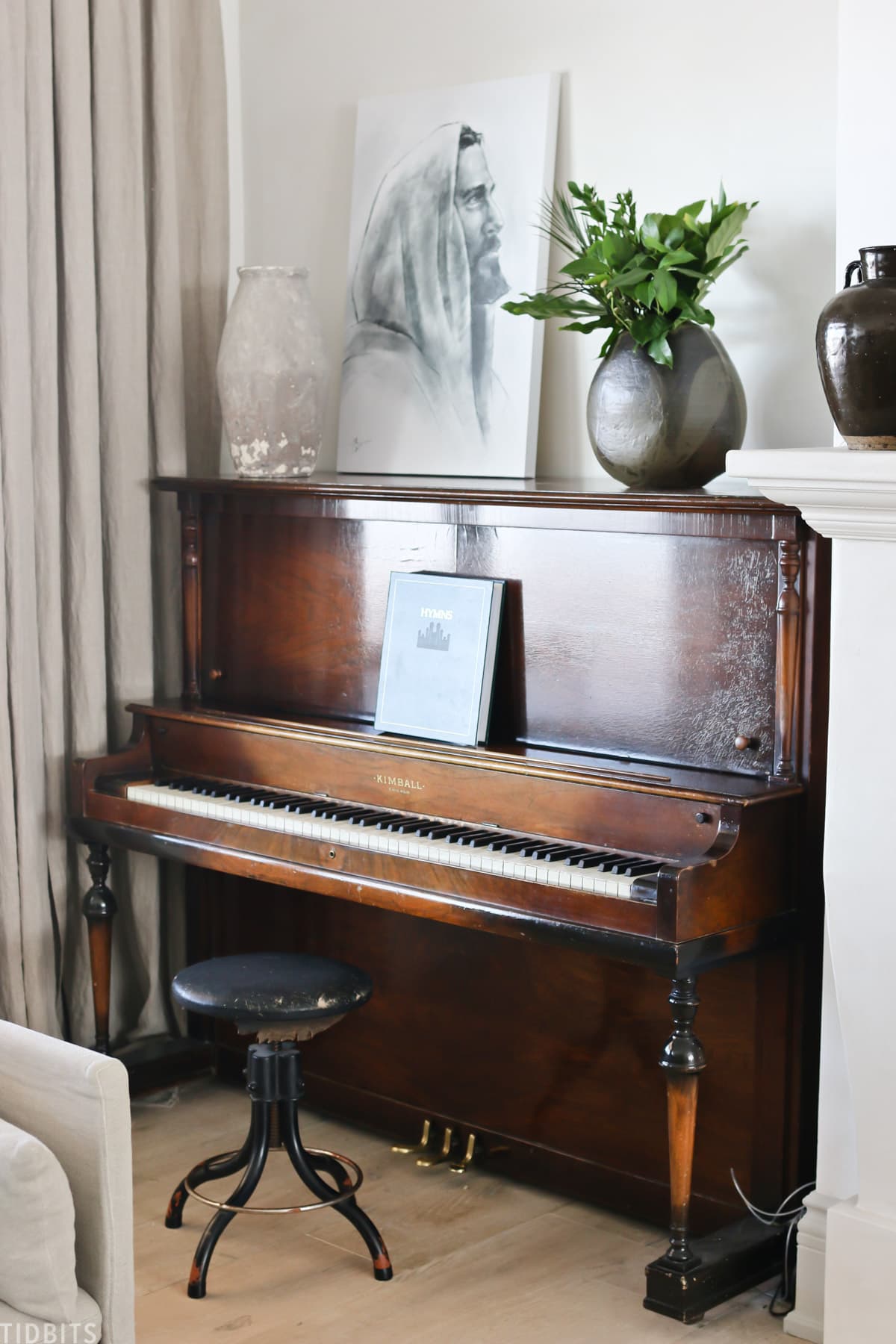 Vintage piano in a European Farmhouse living room