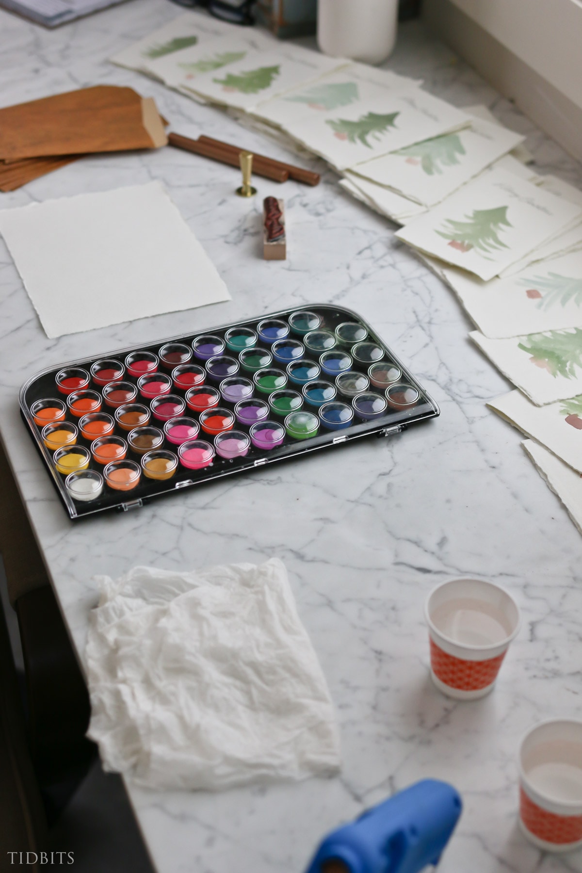 Supplies needed for making DIY watercolor Christmas Cards