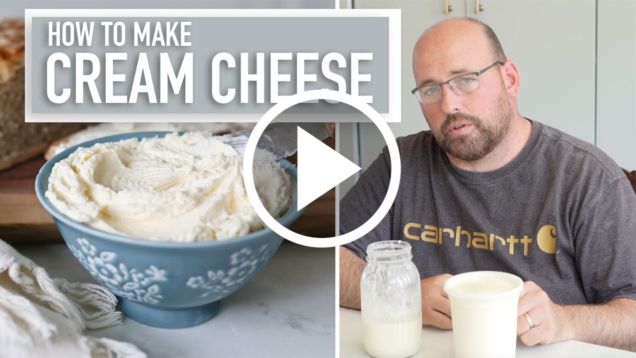 Video play button with pictures of cream cheese and milk cream in the background