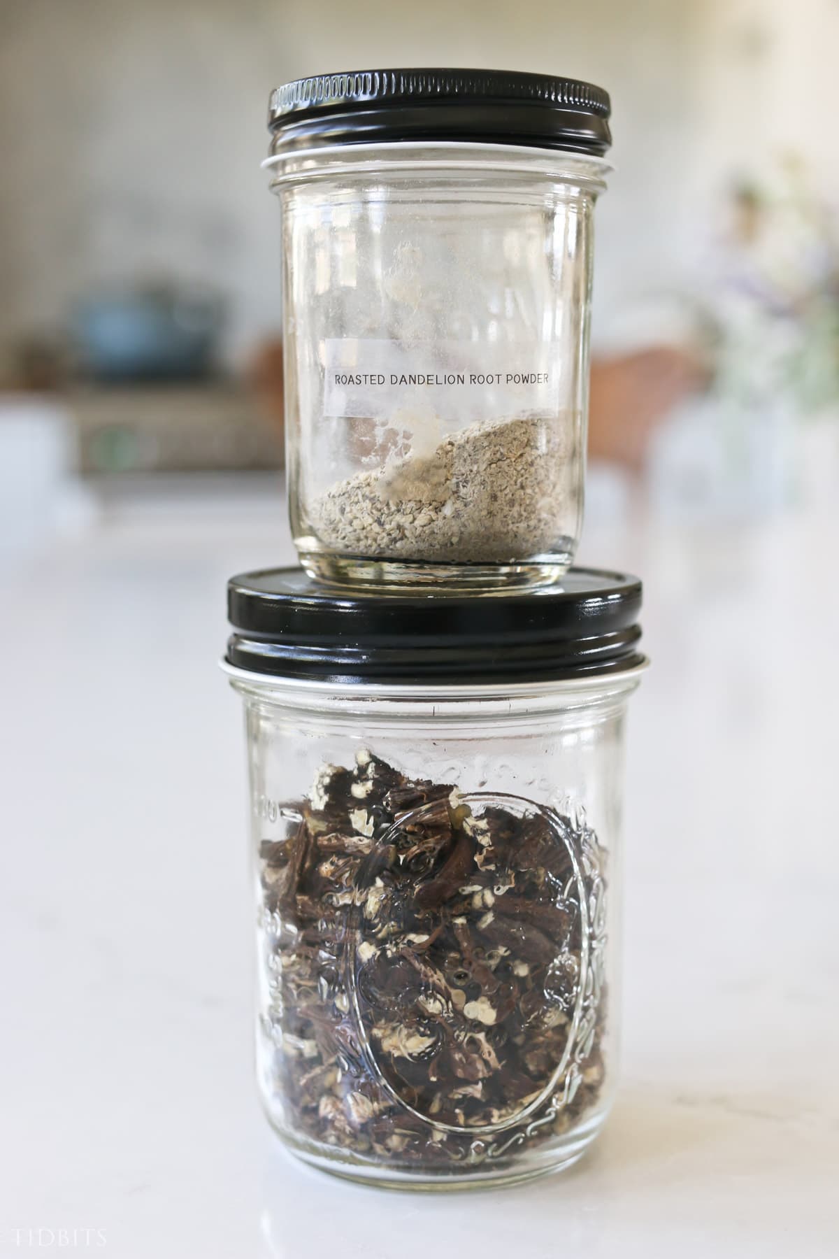 Dried dandelion in a glass jar