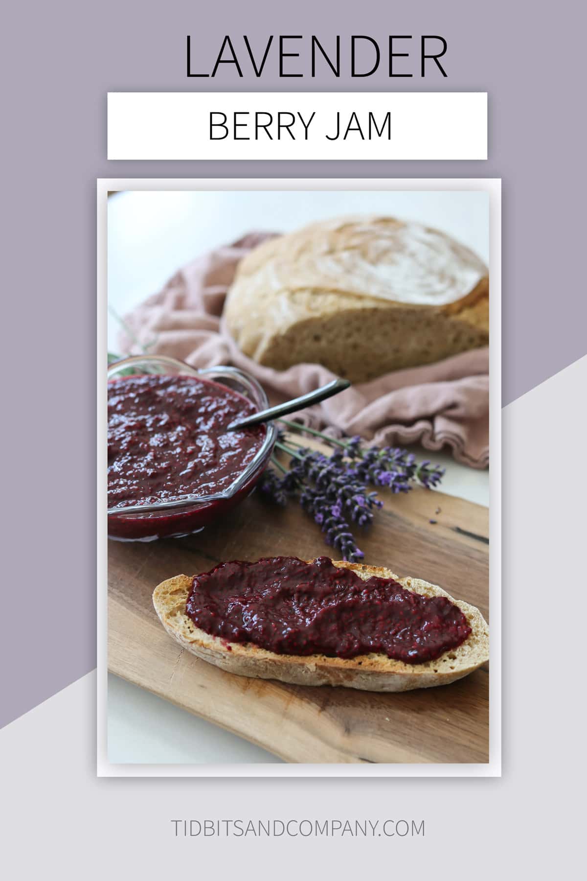 Lavender berry jam spread on a piece of bread and in a bowl