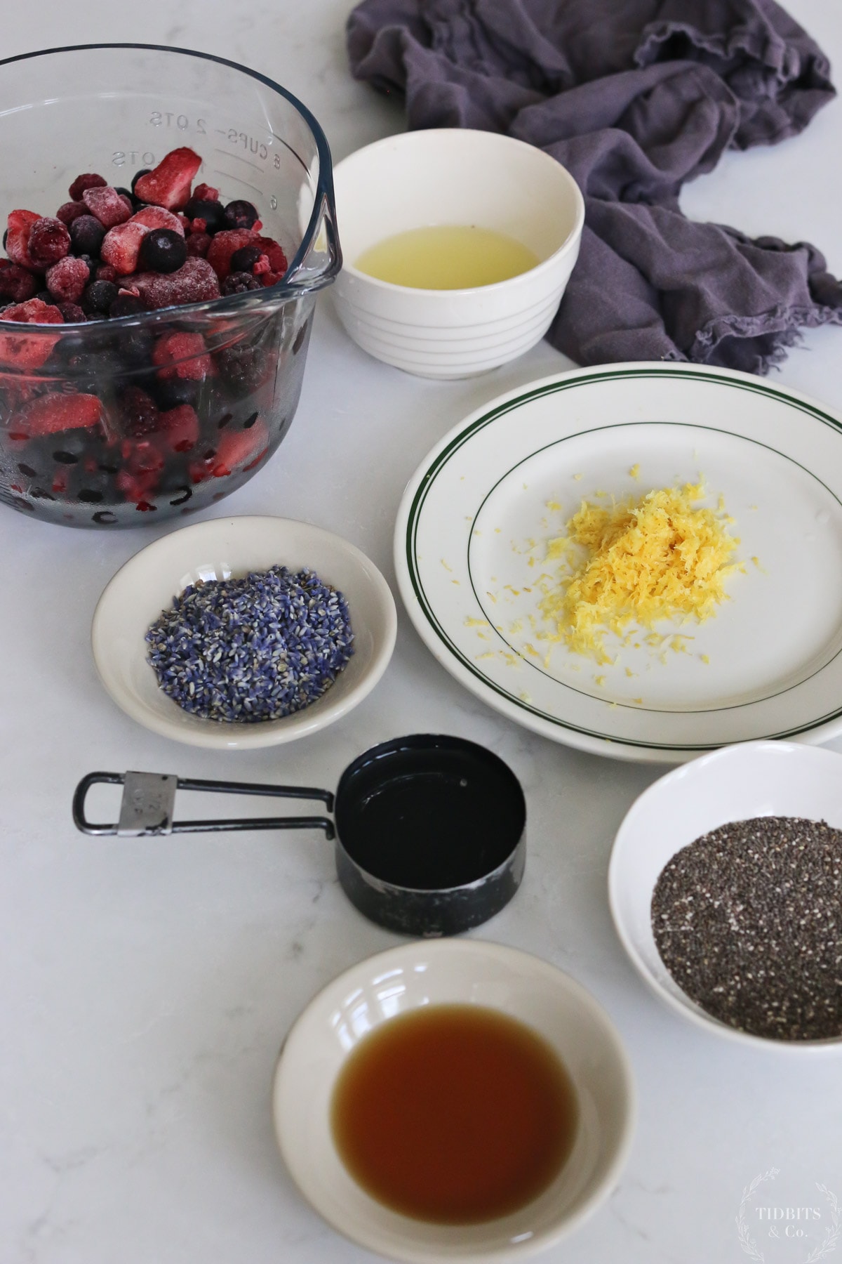 Bowls of ingredients for lavender berry jam