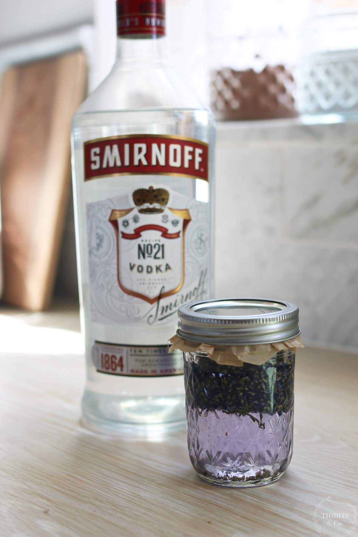 Lavender buds and vodka in a jar for making extract