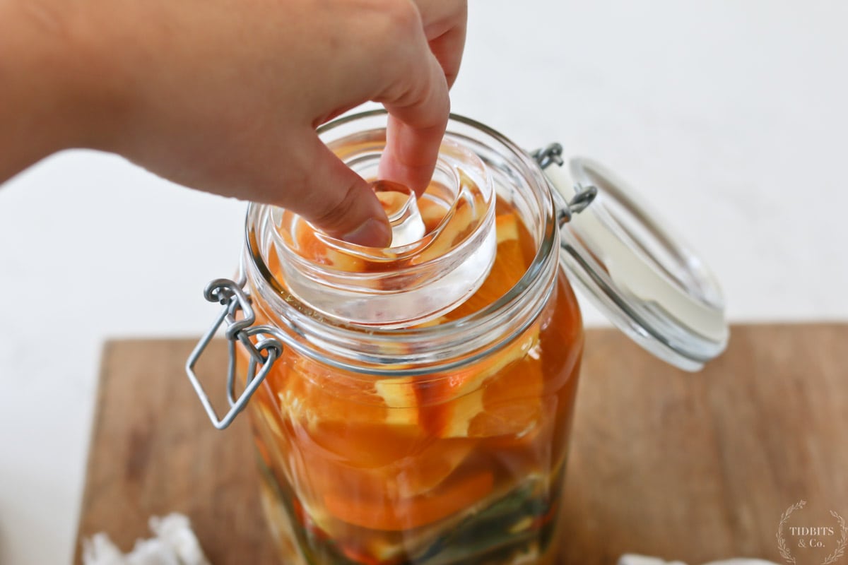 A person puts a fermentation weight into a jar of homemade fire cider