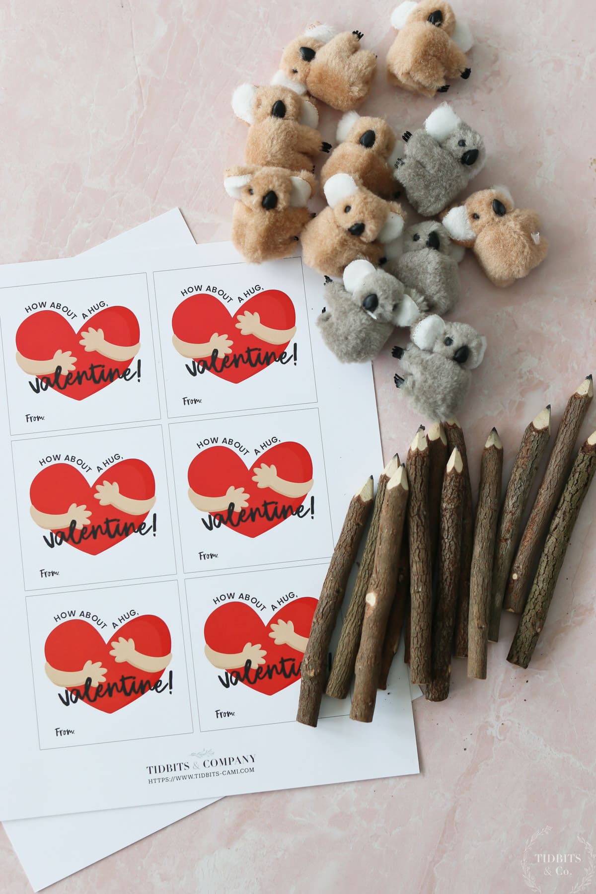 Printable valentine cards, pencils and koala bear clips for valentine gifts