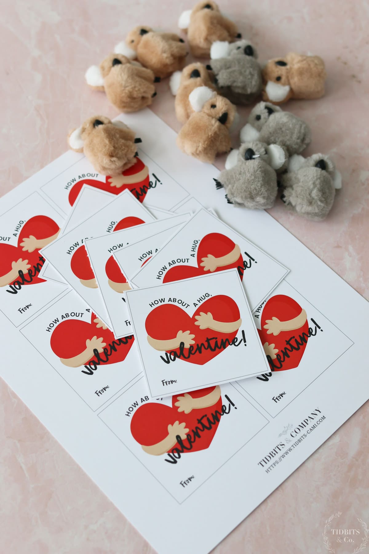 Printable valentine cards and koala bear clips for "hugging" valentine