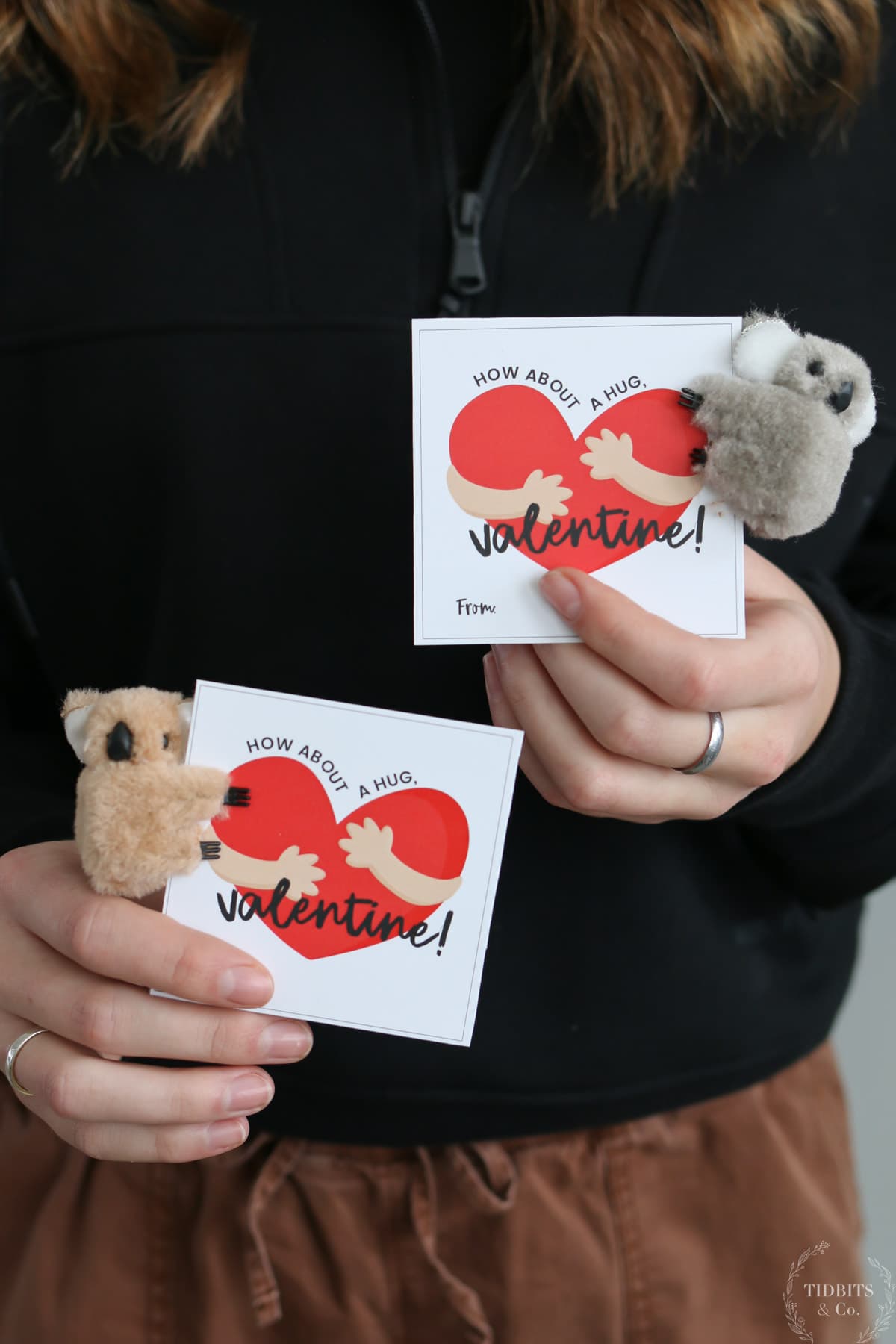 A girl holds "How About a Hug, Valentine!" cards with small animal clips on them