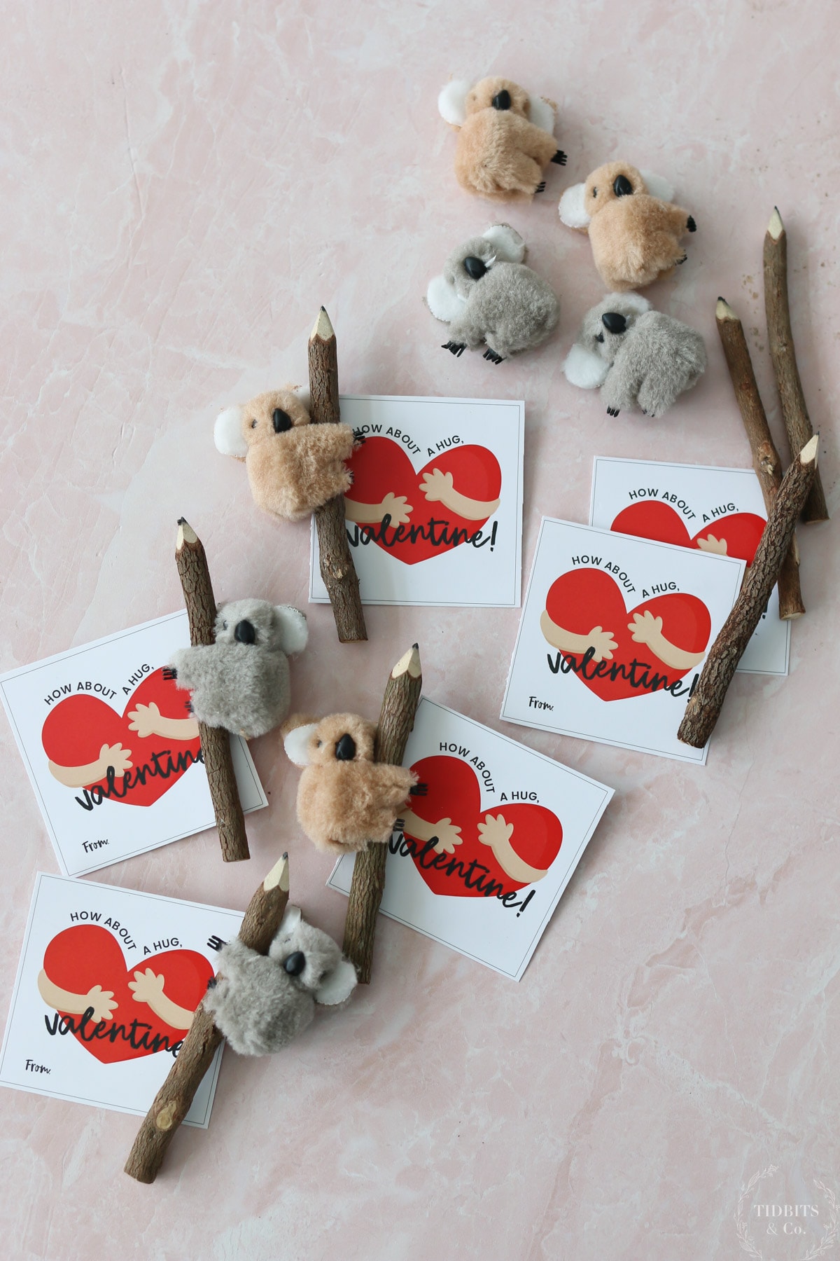 "How about a hug, Valentine!"  free printable valentines cards and koala bears attached to pencils