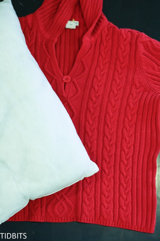 A red sweater and a pillow form 