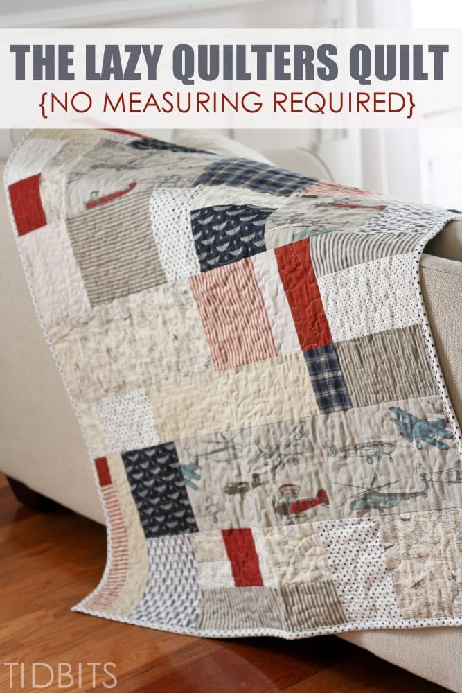 Text of Lazy Quilter's Quilt (No Measuring Required) and image of a quilt laid over the back of a couch