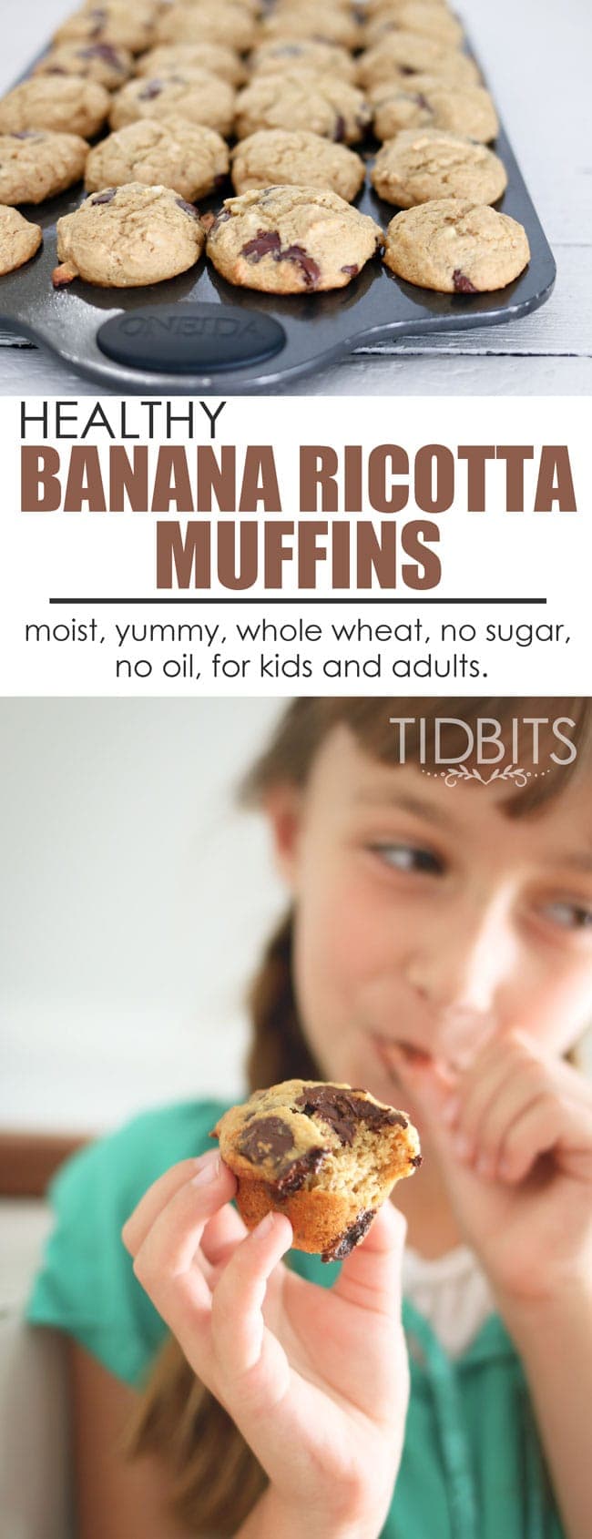 Healthy Banana Ricotta Muffins | These yummy, moist muffins are full of good things for kids and adults.  Made from whole wheat and ricotta cheese, minus any oils or sugar - you can whip these up and feel good eating them by the handfuls!