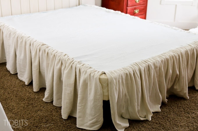 Gathered Bed Skirt made from a drop cloth or any fabric of choice.  Time saving gathering technique included in tutorial. - by TIDBITS