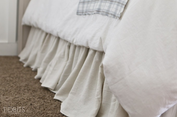 Gathered Bed Skirt made from a drop cloth or any fabric of choice.  Time saving gathering technique included in tutorial. - by TIDBITS
