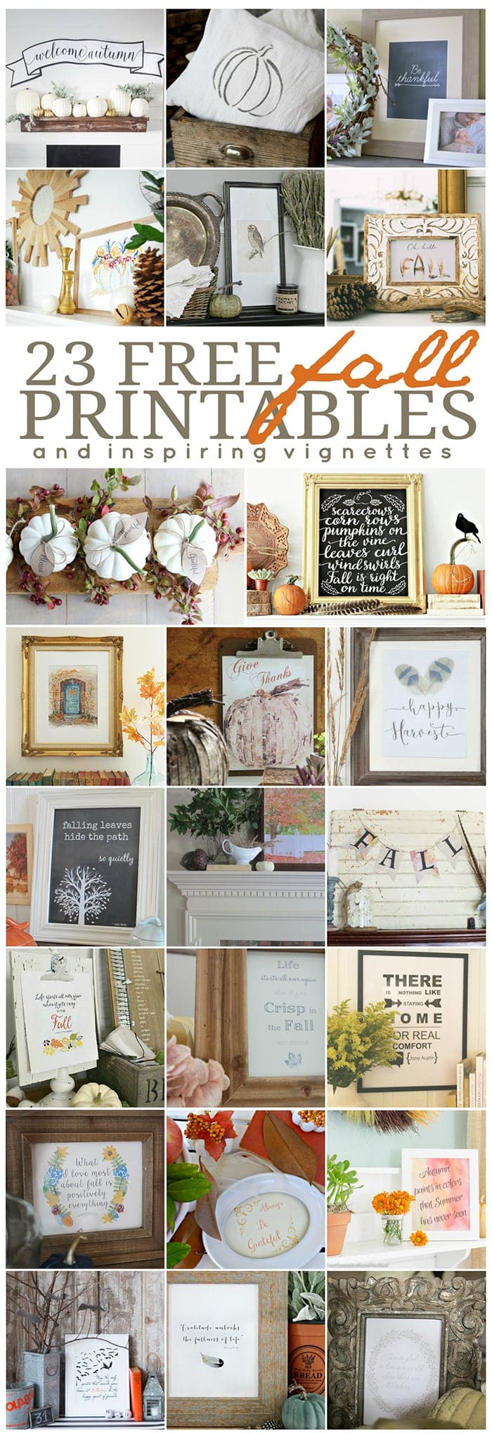 23 Fall Printables and inspiring Fall vignettes for your home.