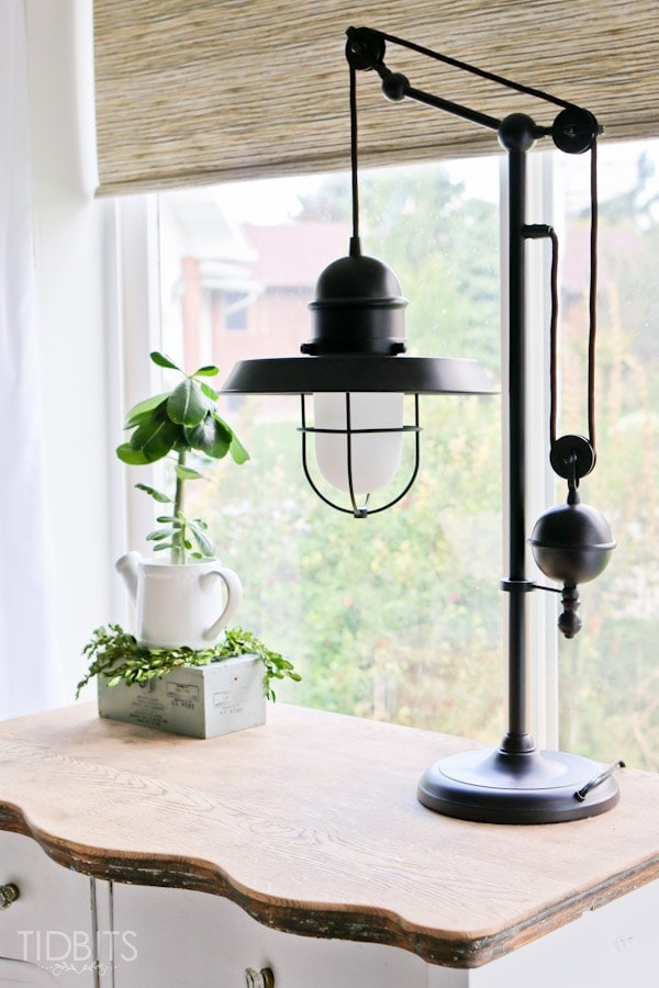lamp and plant on top of desk in front of the window
