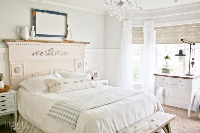 A serene master bedroom makeover, full of DIY's, thrifted treasures, and beautiful decor - by TIDBITS.