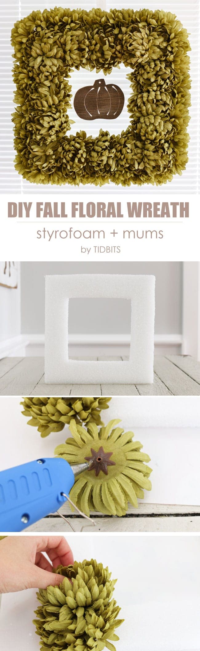 Easy DIY Fall floral wreath made from sytrofoam and artificial mums.