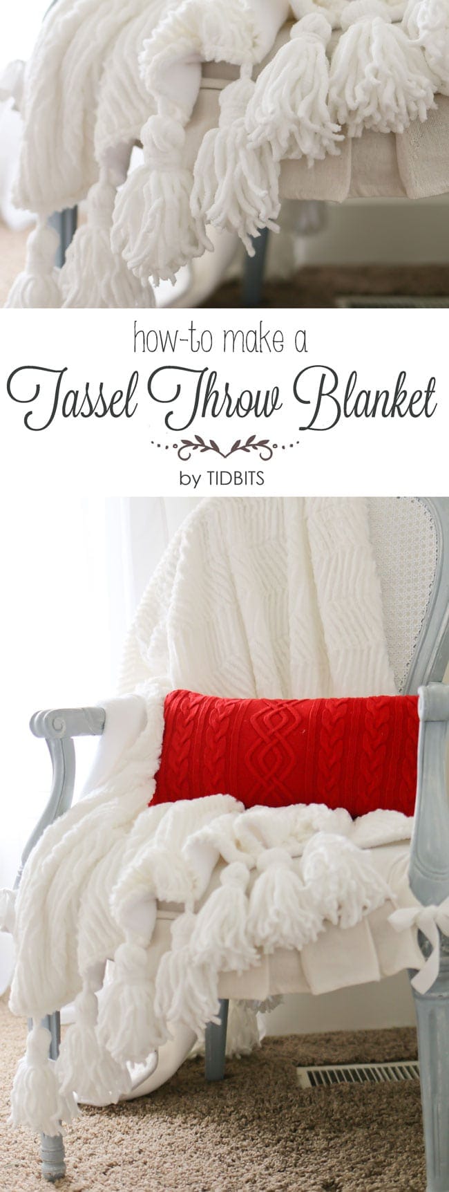 Tassel Throw Blanket DIY - Instructions for how to make your own tassels from yarn and how to sew them into fabric to make a one of a kind throw blanket.