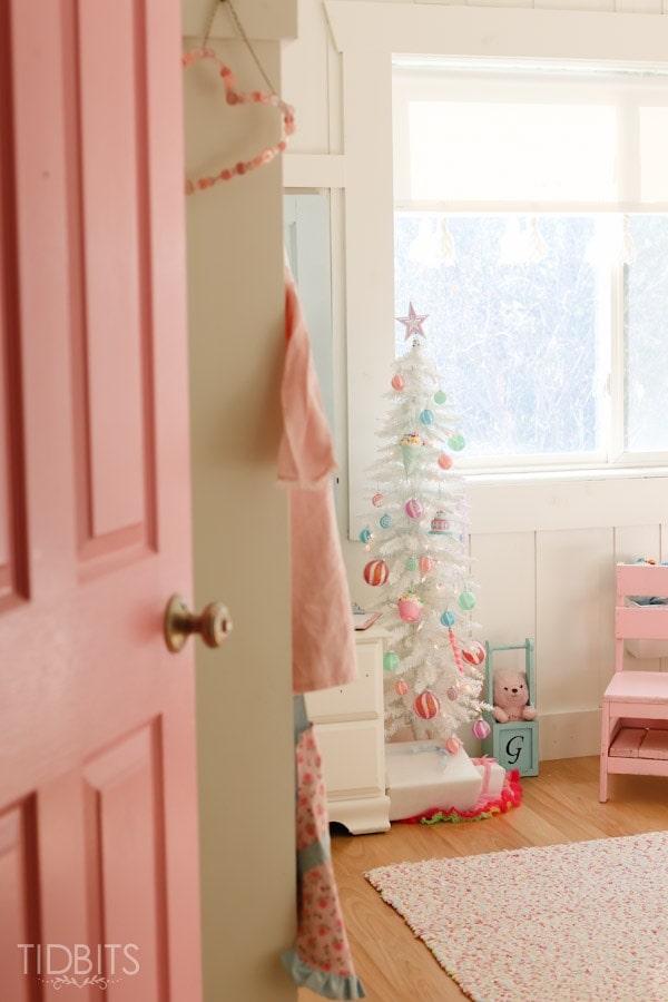 A Cottage Christmas Home Tour - Touches of a pastel Christmas in a shared girls room.
