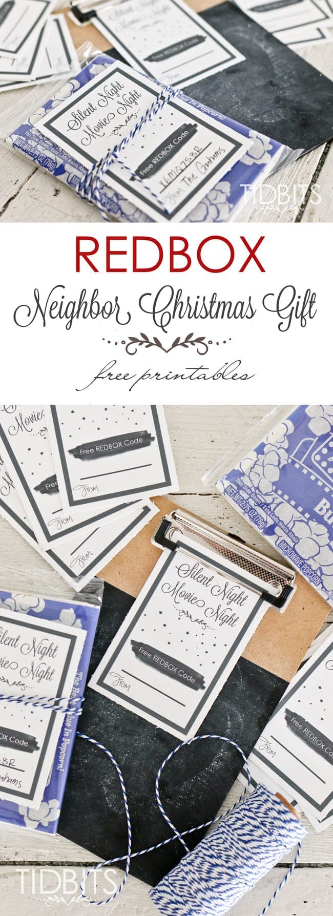 Redbox neighbor Christmas gift - Get your FREE printable, add a redbox code, attach it to a bag of popcorn - most practical and useful neighbor gift ever!
