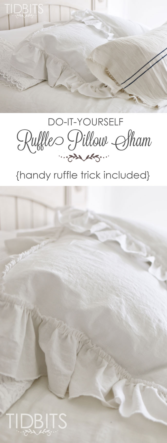 Ruffle Pillow Sham tutorial. Grab some white cozy linen fabric and make the most dreamy decorative pillows for your bed.