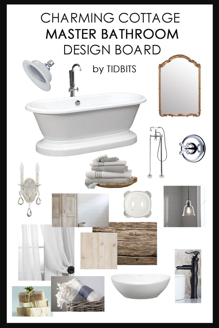 Master bathroom design board. Discover design elements to help create a charming cottage bathroom.