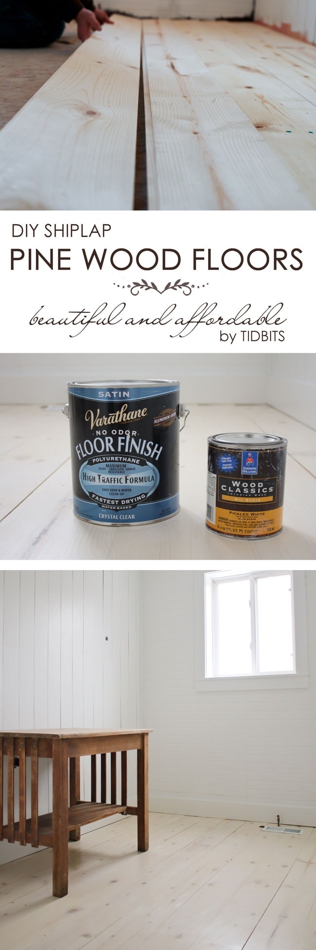DIY Shiplap Pine Wood Floors - beautiful and affordable with a lovely whitewashed look!