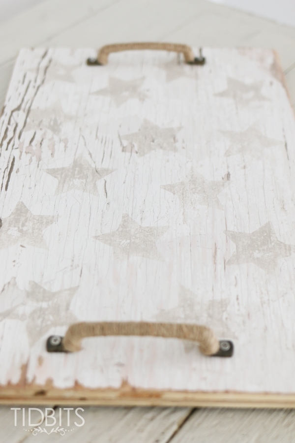 Patriotic star spangled wood tray, made from a potato stamp and an old piece of wood! Subtle touches of patriotism. 