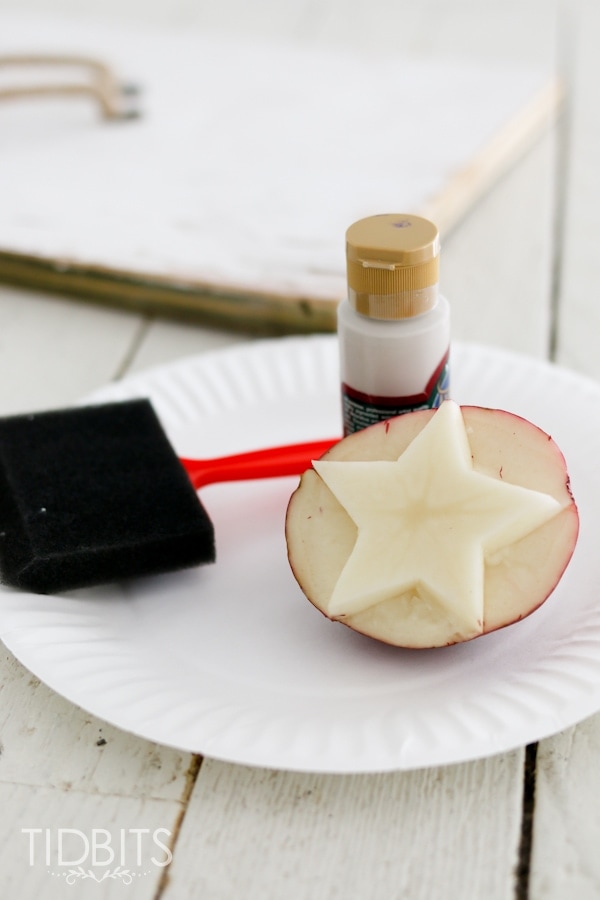 Patriotic star spangled wood tray, made from a potato stamp and an old piece of wood! Subtle touches of patriotism. 