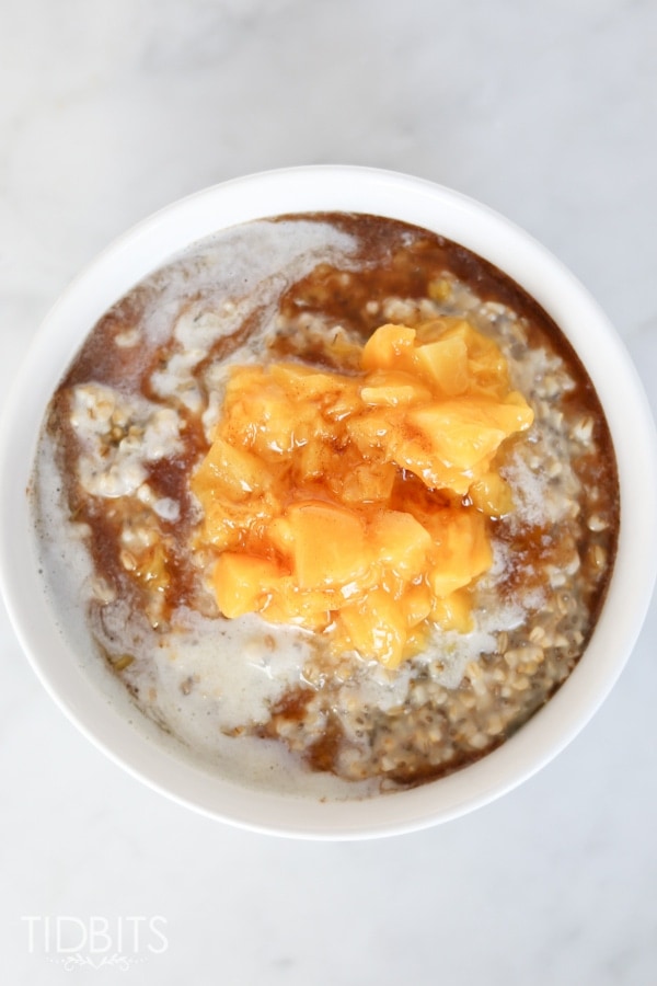 Peaches and Cream Steel Cut Oats with Cinnamon Maple Drizzle