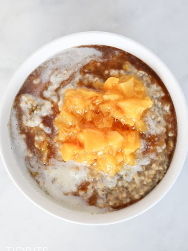 Peaches and Cream Steel Cut Oats with Cinnamon Maple Drizzle Story