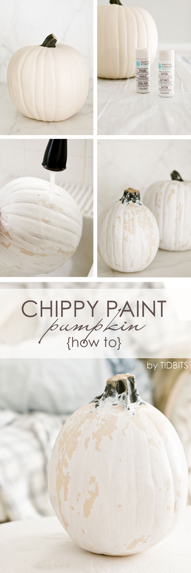 Chippy paint pumpkin craft. You might be surprised how this simple method makes perfectly vintage pumpkins.