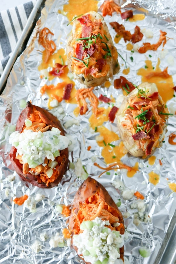 Pressure Cooker Buffalo Chicken Stuffed Potatoes - delicious on russet or sweet potatoes.