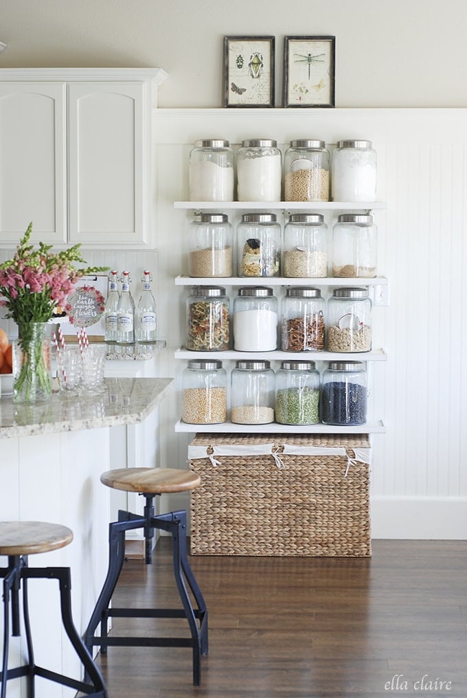 Open shelving with beautifully organized glass jars of food