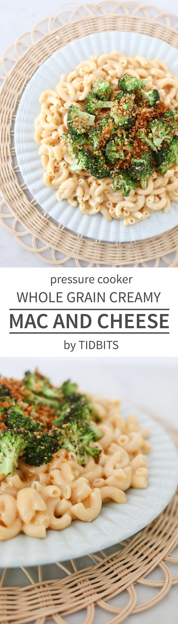 Whole Grain Creamy Mac and Cheese made in minutes in your handy dandy Electric Pressure Cooker (aka Instant Pot, Fagor Lux Multicooker, etc). Top it off with a pile of Parmesan and Panko Roasted Broccoli and this is a meal you can feel good about everyday of the week.