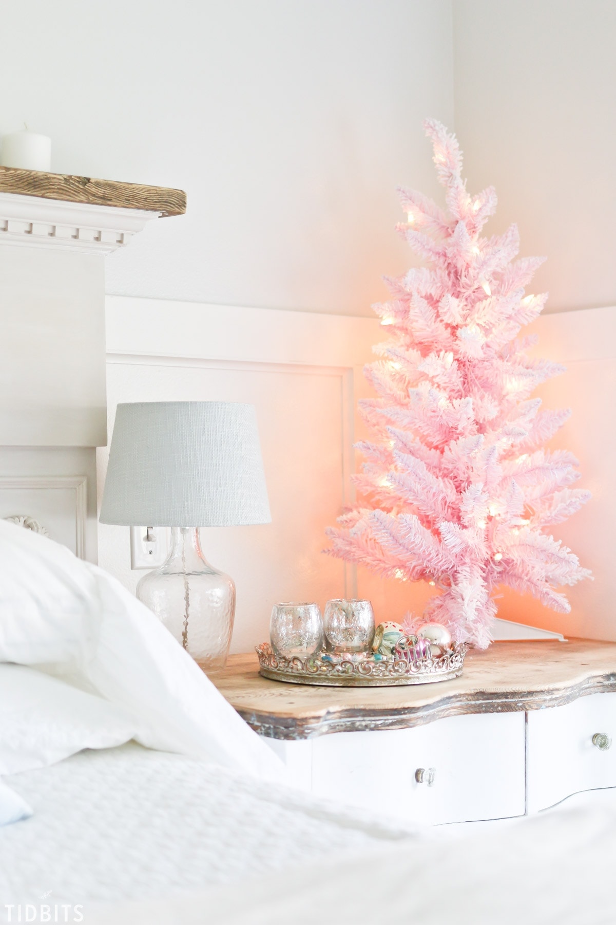 A colorful Christmas master bedroom.