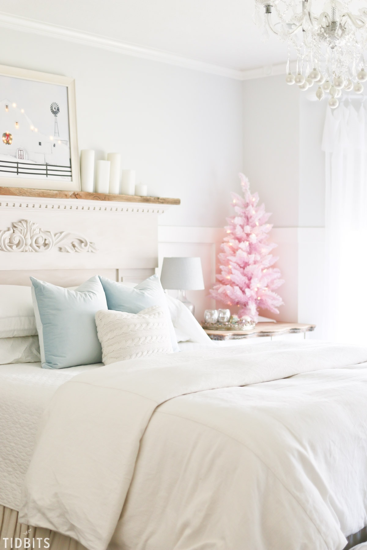 A colorful Christmas master bedroom.