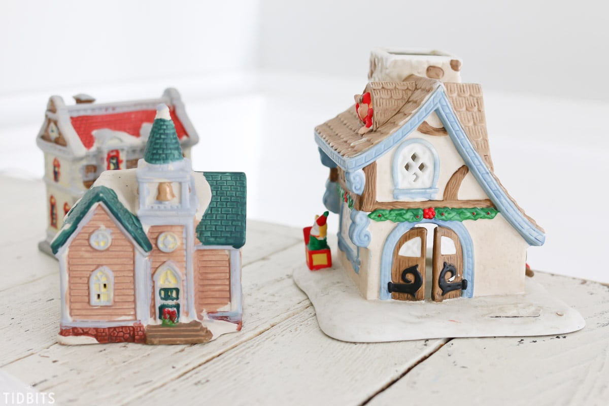 DIY Thrifted and Upcycled Glitter Putz Houses, by TIDBITS