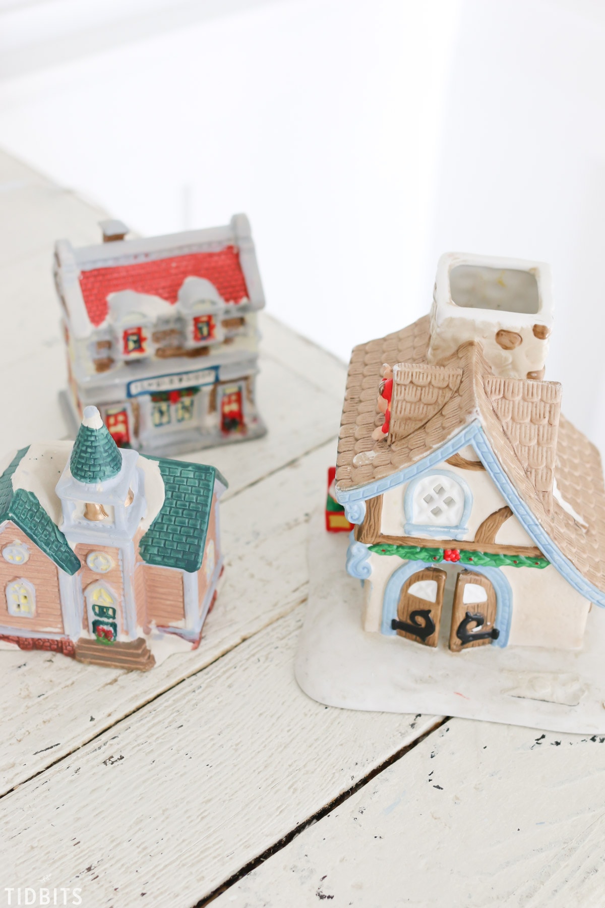 DIY Thrifted and Upcycled Glitter Putz Houses, by TIDBITS