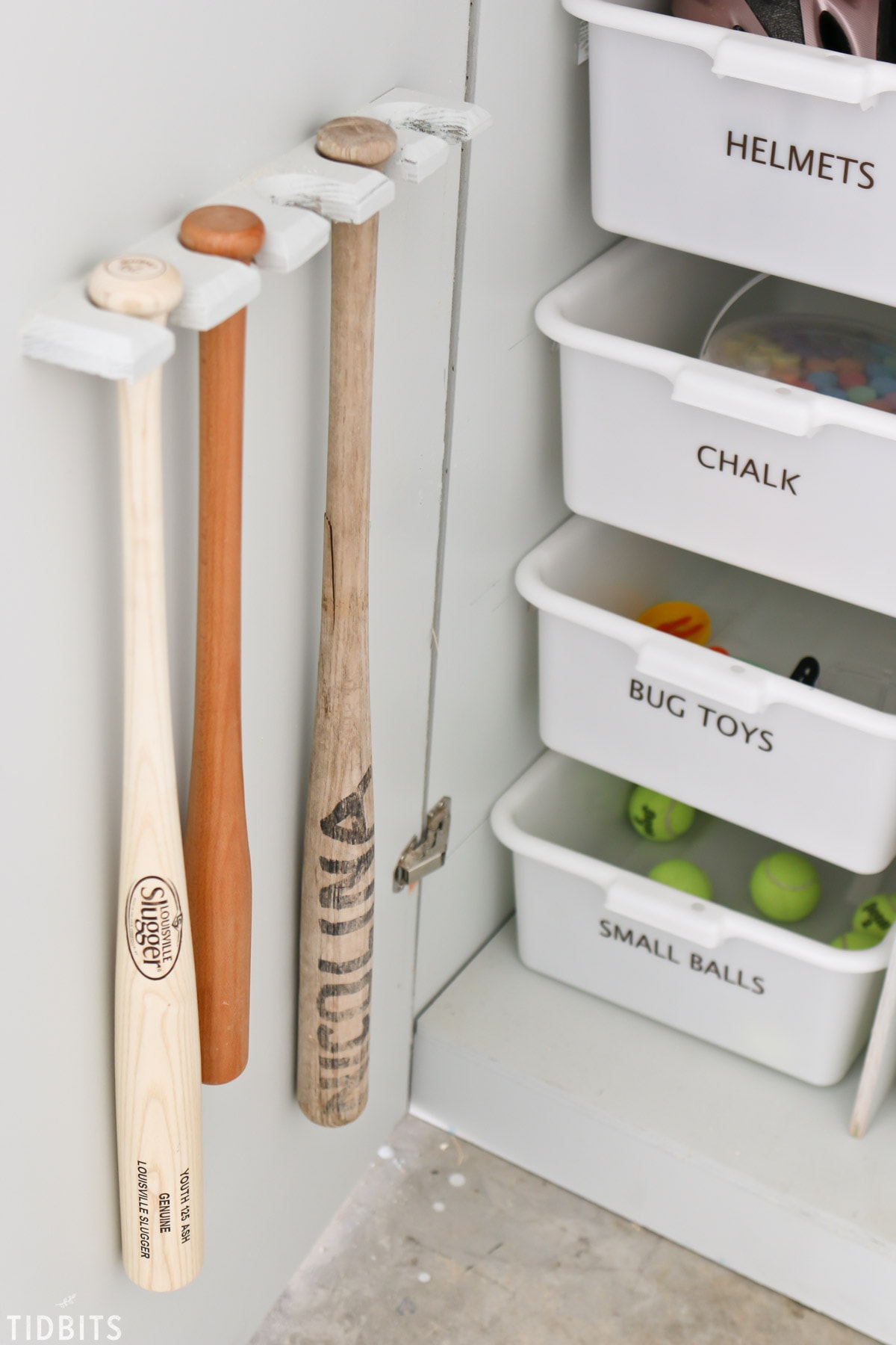 Garage Toy Storage Organization Tidbits, Baseball Bat Storage Bin