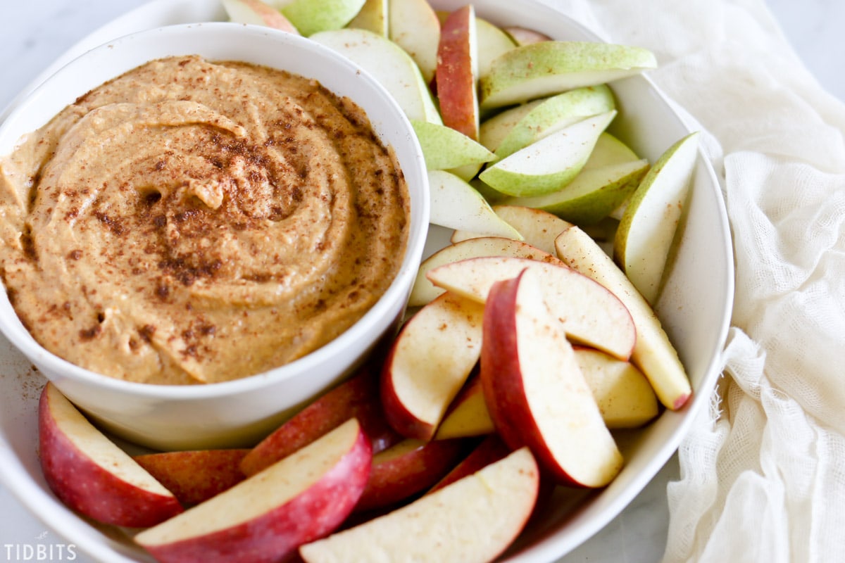 Healthy pumpkin dip with apples for dipping.