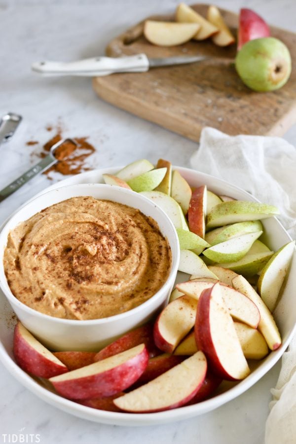 Healthy pumpkin dip with apples for dipping.
