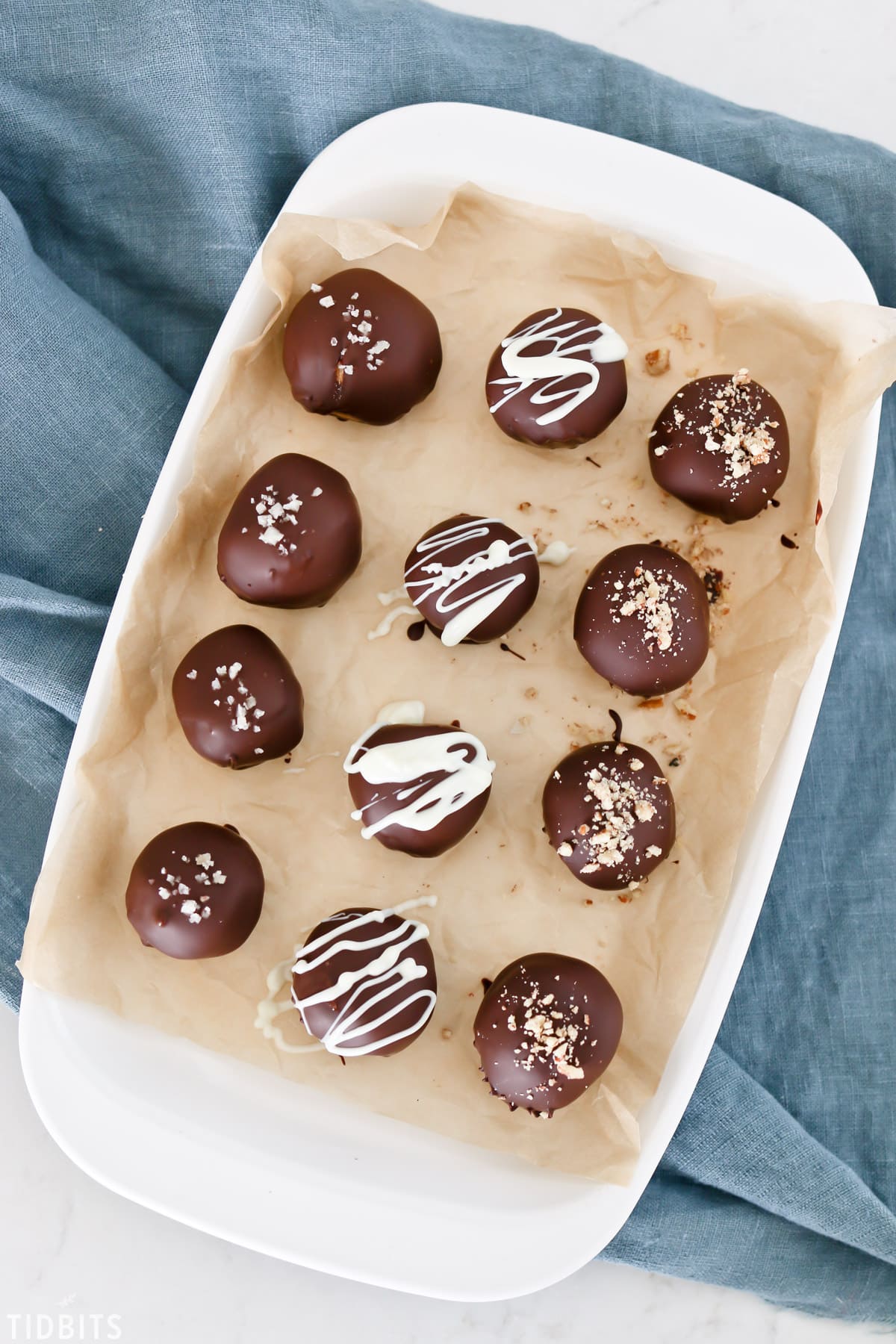 whole food chocolate peanut butter truffles in a baking dish
