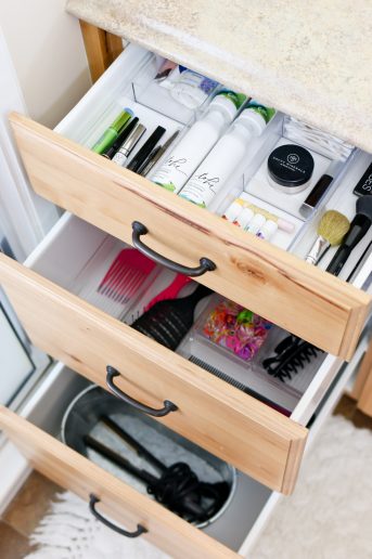 Supplies, tips and ideas for organizing bathroom drawers and cupboards.